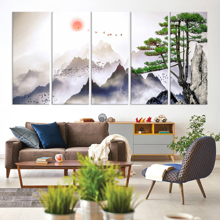 Japanese Tree Mountain Wall Art Canvas Print