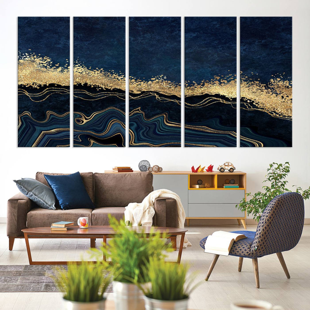 Navy Blue Marble Fluid Effect Large Wall Art Modern Abstract Canvas Wall Art Print