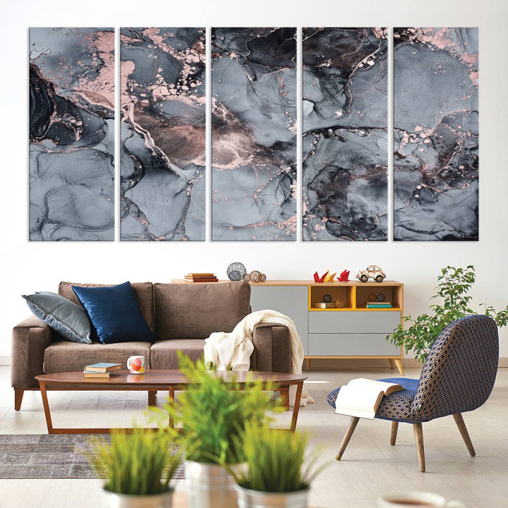 Gray and Rose Gold Marble Fluid Effect Wall Art Abstract Canvas Wall Art Print