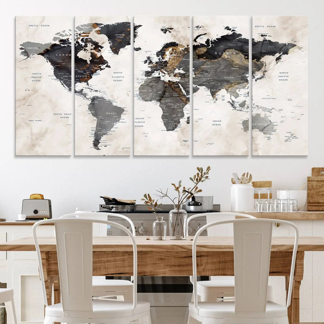 The dining room wall is adorned with the World Map Canvas Print – Earthy Triptych Wall Art, a vintage global map decor featuring dark continents.