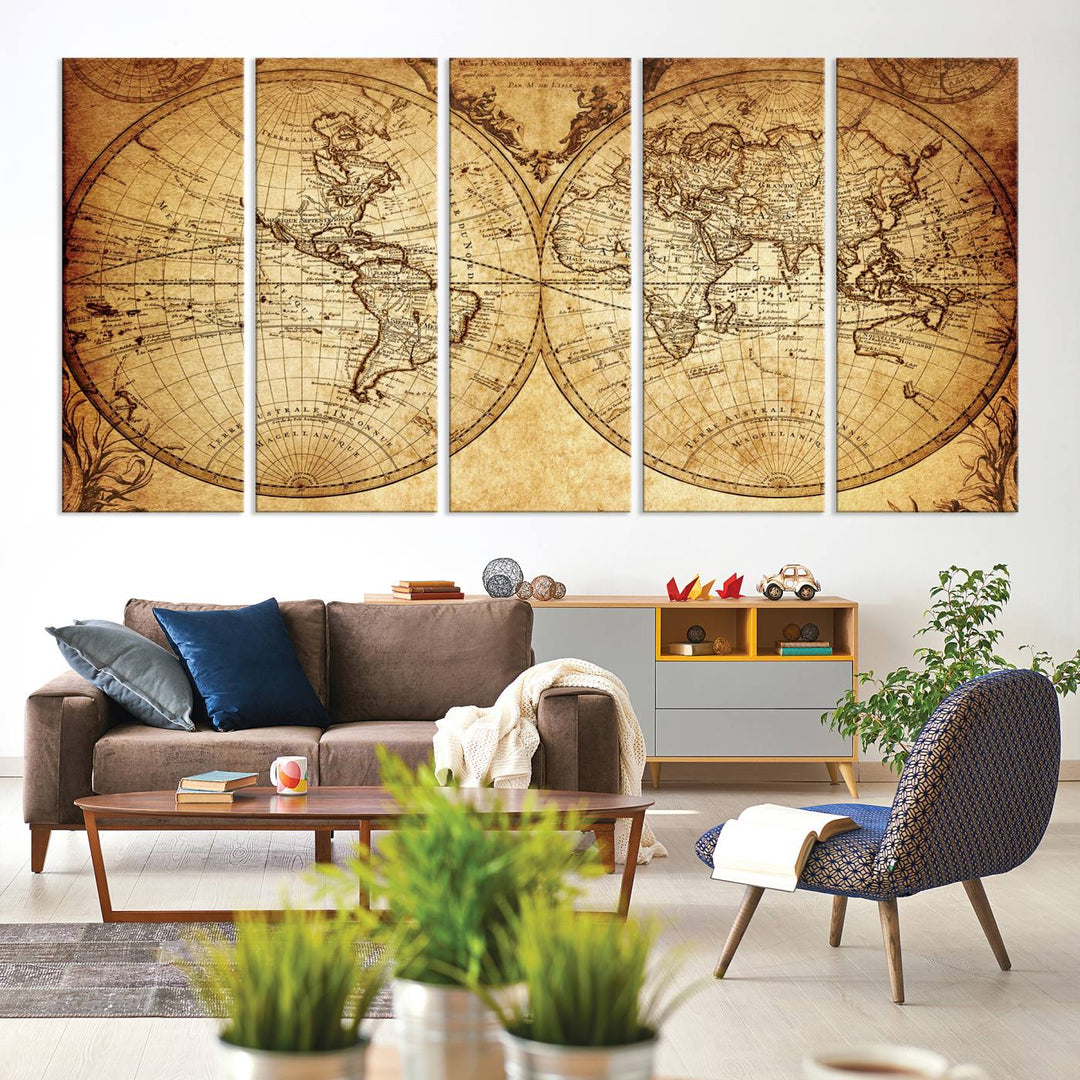 Vintage World Map Wall Art | 3-Panel Canvas Print for Living Room, Office, or Study | Giclee Canvas with Antique Design