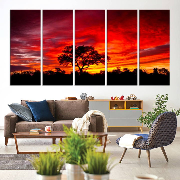 Red Sunset Landscape Artwork Printing, Forest Tree Wall Art Canvas Print