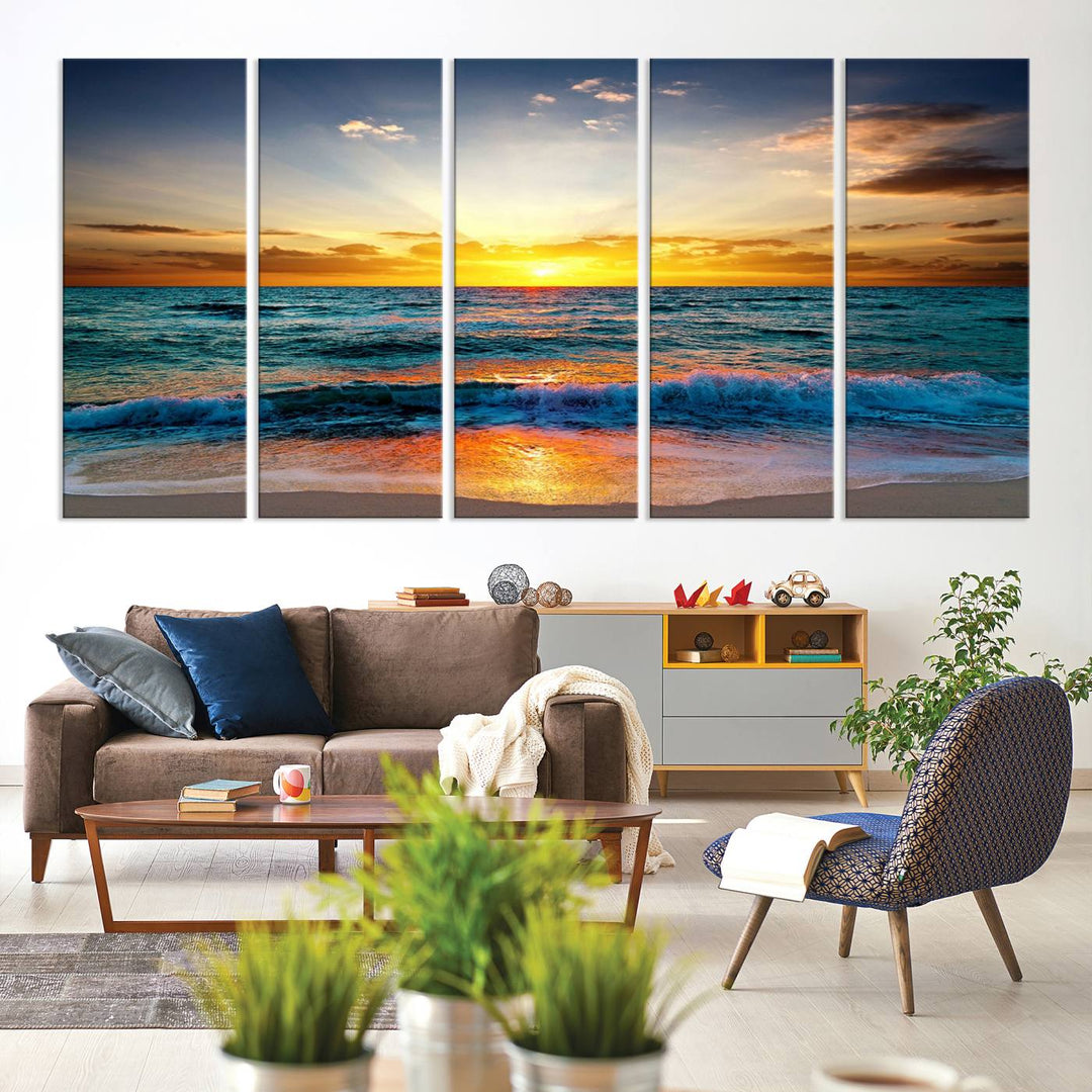 Vibrant Ocean Sunrise Over Golden Beach Waves, Giclee Canvas Wall Art Set, High-Quality Stretched Canvas Print, Ready to Hang Coastal Sunset Wall