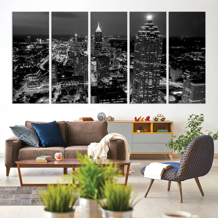 The Atlanta City Lights Skyline Black and White Wall Art Cityscape Canvas Print is elegantly displayed on the wall. These museum-quality canvases arrive ready to hang, making your art display both effortless and sophisticated.