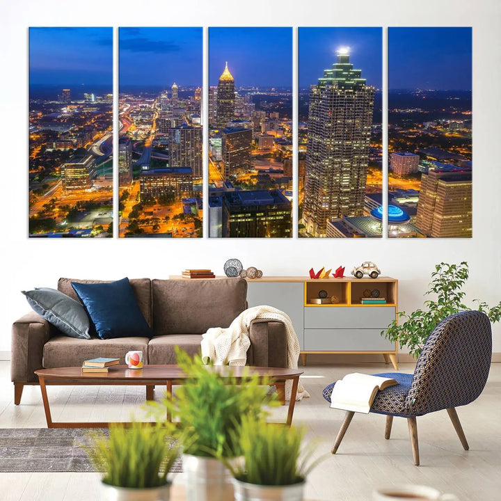 An elegant Atlanta City Blue Skyline Cityscape View Wall Art Canvas Print graces the wall, offering a sophisticated addition to your living space. Enjoy free shipping on this stylish piece.