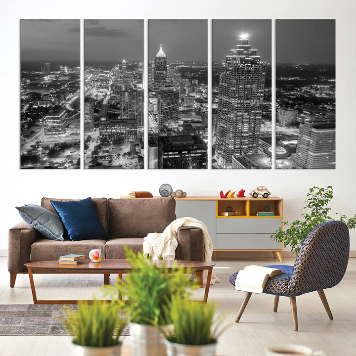 Atlanta City Skyline Art mural noir et blanc Paysage urbain Impression sur toile