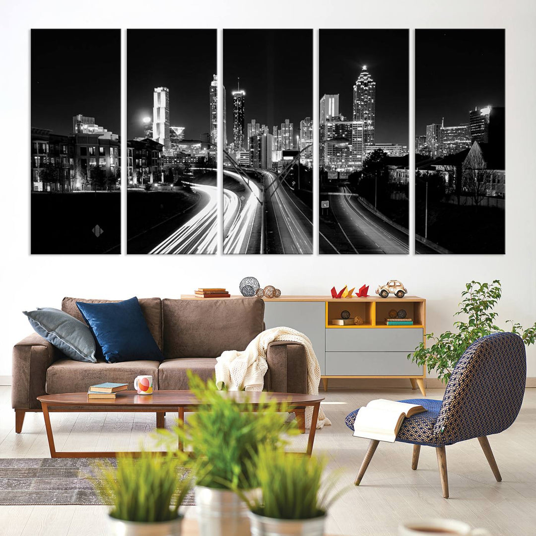 Atlanta City Lights Skyline Art mural noir et blanc Paysage urbain Impression sur toile