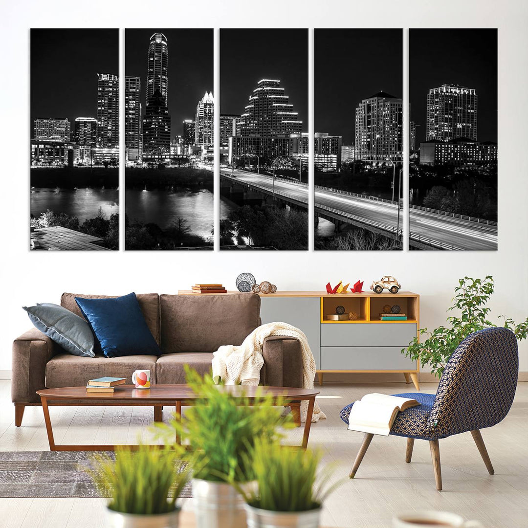 Austin City Lights Skyline Black and White Wall Art Canvas Print