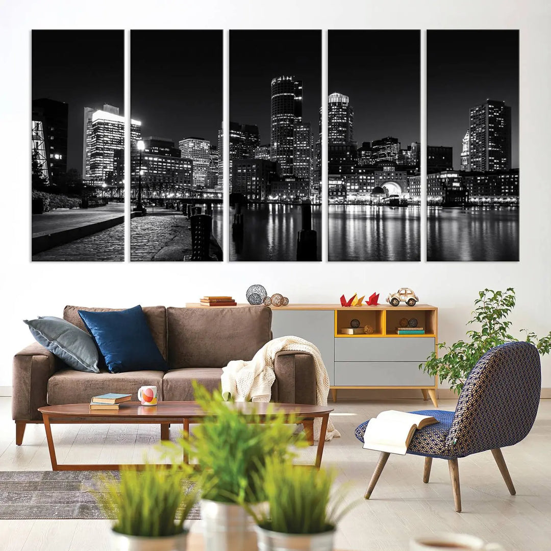 The living room showcases the Boston City Lights Skyline Black and White Wall Art Canvas Print.