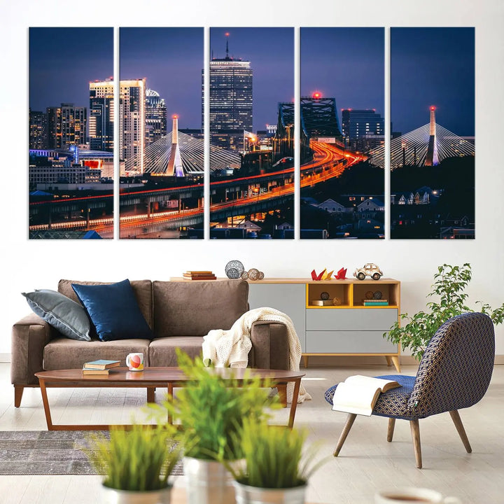 The "Boston City Lights Night Skyline Cityscape View" artwork on the wall showcases a brightly lit bridge at night. It is displayed on museum-quality canvas with a UV-protective coating.