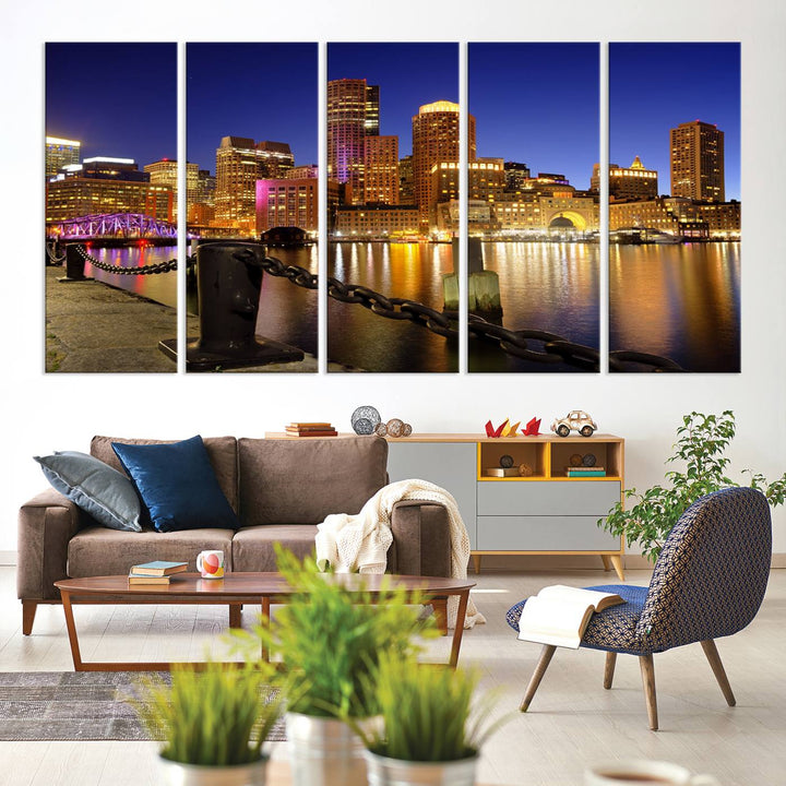 The "Boston City Night Skyline Cityscape View Wall Art Canvas Print" beautifully portrays a stunning triptych of a city skyline illuminated against the night sky, elegantly reflected in the river below. These museum-quality canvases are gallery wrapped to ensure an elegant presentation that enhances any space.