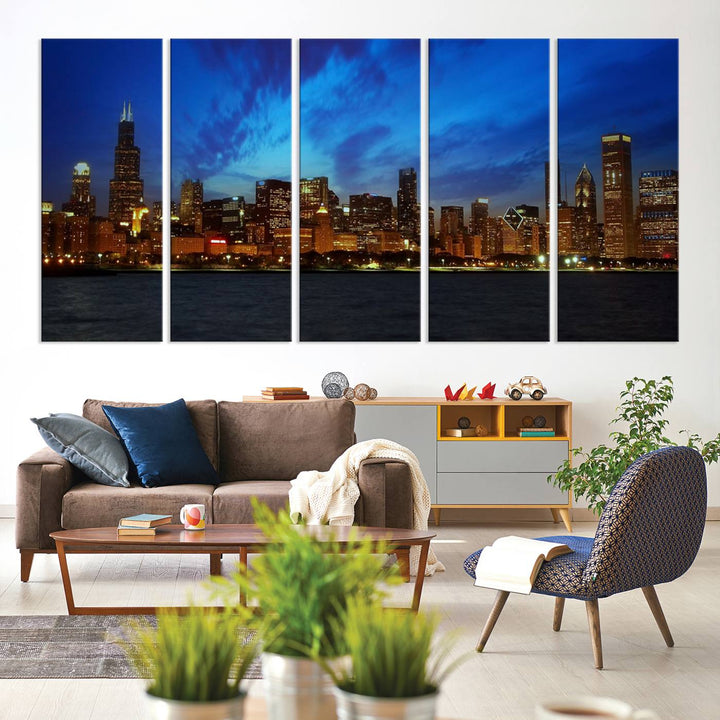 The "Chicago City Lights Night Blue Wall Art Canvas Print," a triptych of a city skyline at dusk rendered on museum-quality canvas with UV-protective coating, is featured in the living room.