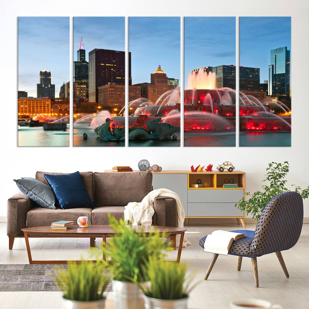 Chicago City Lights Night Skyline Cityscape View Wall Art Canvas Print