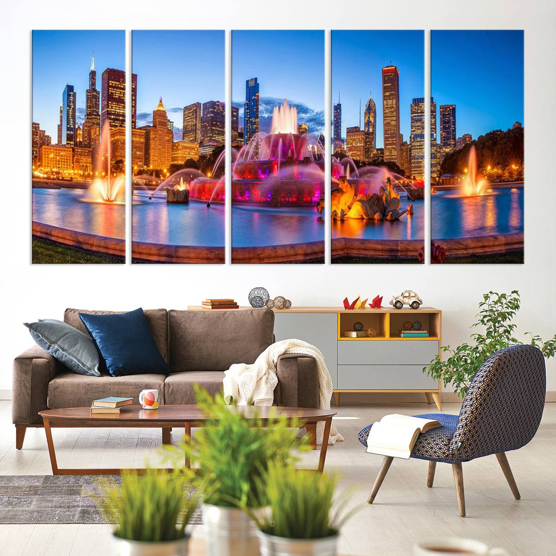 Chicago City Colorful Lights Night Skyline Cityscape View Wall Art Canvas Print