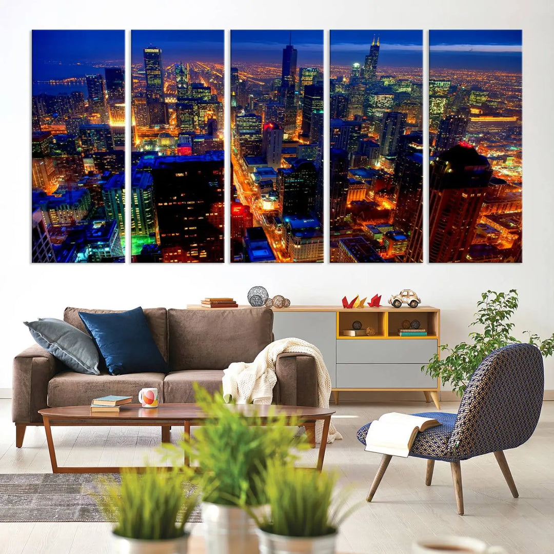 The "Chicago Night Skyline Wall Art" on museum-quality canvas adds long-lasting appeal to the living room.