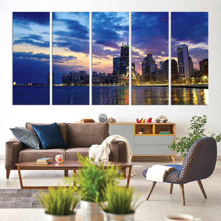 Chicago City Lights Night Cloudy Blue Skyline Cityscape View Wall Art Canvas Print