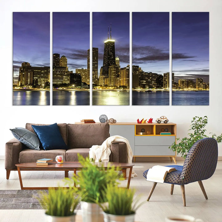 Chicago Night Skyline Cityscape Canvas Picture Print is a stunning three-panel wall art piece, perfect for adding sophistication to any setting. Crafted by professional artisans, this artwork features museum-quality canvases designed to enhance your space. Enjoy free shipping with your purchase.