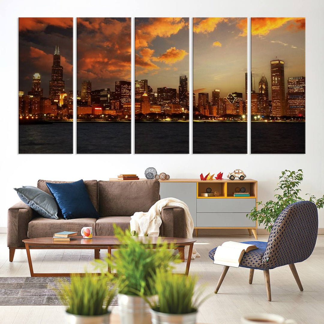 Chicago City Lights Coucher de soleil Orange Nuageux Skyline Paysage urbain Vue Art mural Impression sur toile