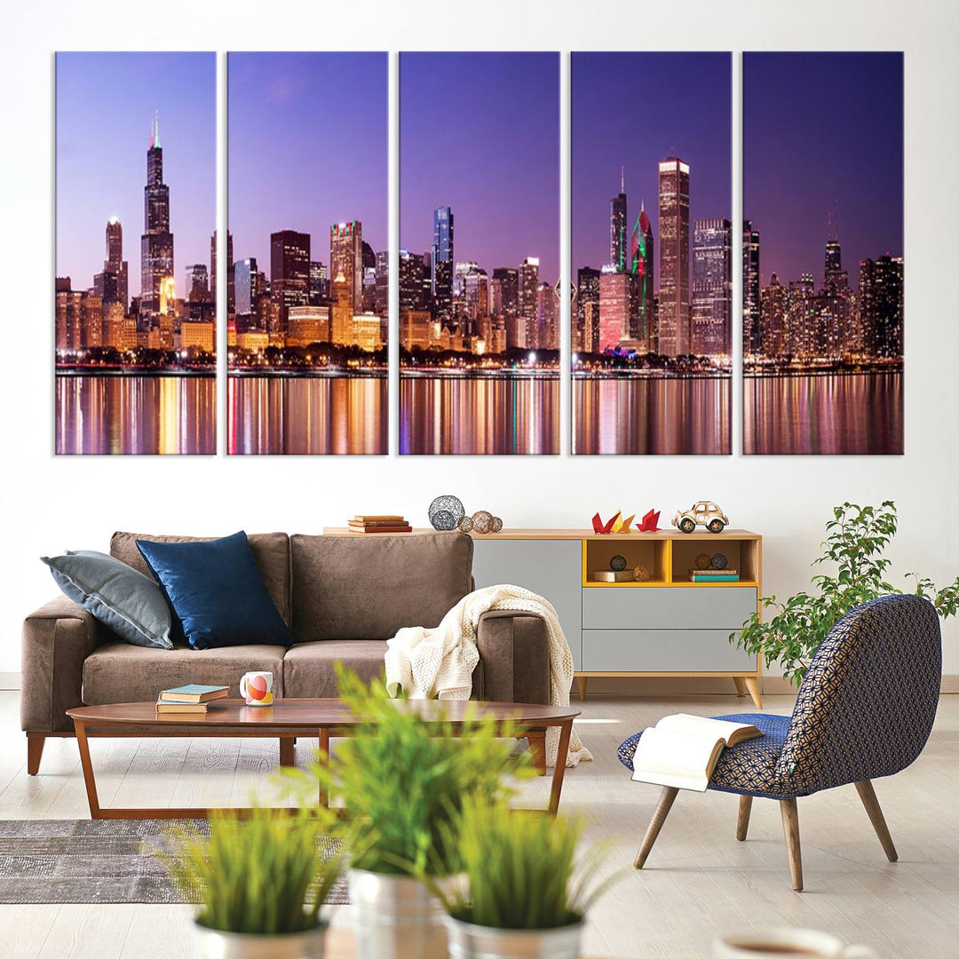 Chicago City Lights Night Purple Skyline Cityscape View Wall Art Impression sur toile