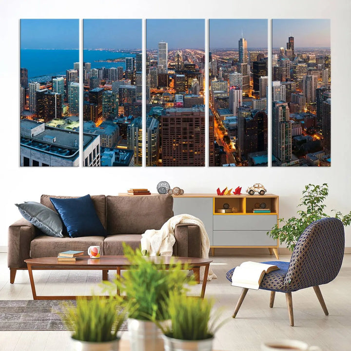 Product Name: Chicago Night Skyline Wall Art City Cityscape

Artwork Description: This artwork is a triptych depicting the Chicago city skyline at night. Created on museum-quality canvas with a UV-protective coating, it comes ready to hang and seamlessly enhances any space.