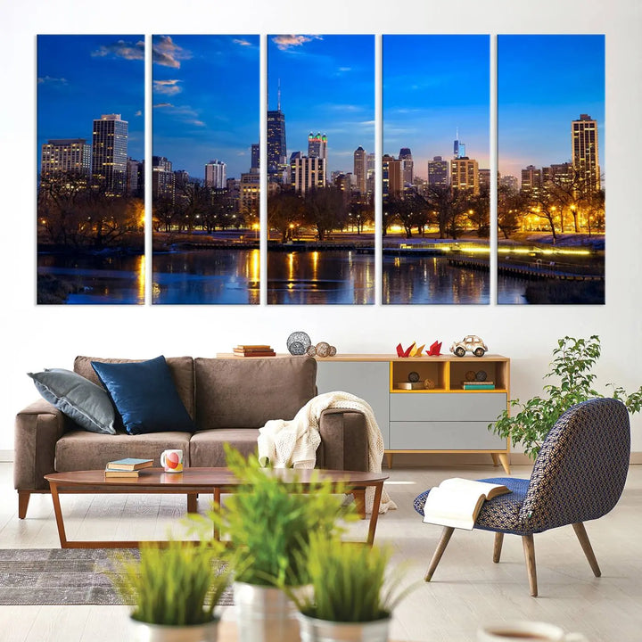 A triptych photo titled "Chicago City Lights Night Blue Skyline Cityscape View Wall Art Canvas Print" is elegantly displayed on gallery-wrapped, museum-quality canvases.