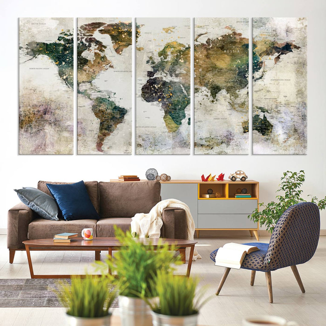 World Map Wall Art Print Map on Canvas Gallery Wall Set of 3 Panels Gift Traveler Map