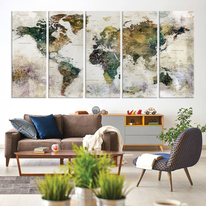 Carte du monde, impression d'art mural, carte sur toile, ensemble mural de 3 panneaux, cadeau, carte de voyage