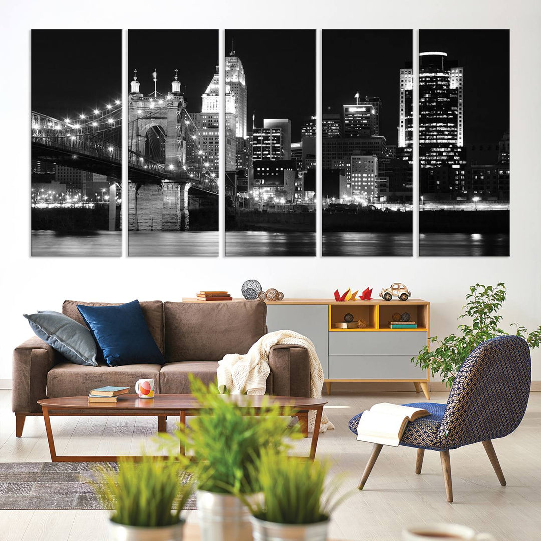 The Cincinnati City Skyline Black and White Wall Art Cityscape Canvas Print is prominently displayed.