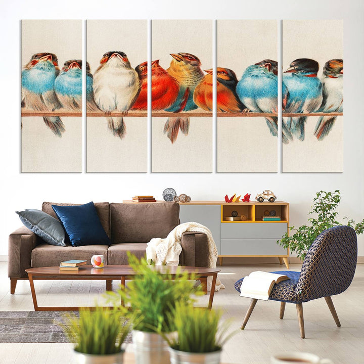 The Abstract Birds Wall Art Canvas Print, featuring a triptych of colorful birds perched on a branch, is printed on museum-quality canvas and equipped with a UV-protective coating and ready-to-hang design. This artwork adds vibrant elegance to your living space.