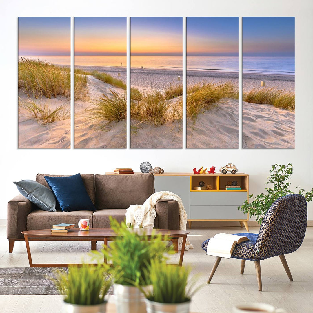 The "Sunset Silence on the Beach" wall art canvas print features a serene beach scene at sunset on museum-quality canvas with a UV-protective coating.