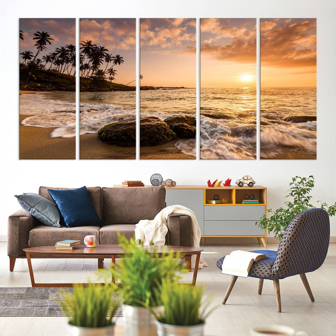 The "Tropical Island Sunset Sunrise Wall Art Canvas Print" is a stunning triptych that showcases a tranquil beach sunset complete with waves and palm trees. Each canvas piece is meticulously hand-assembled and framed using museum-quality polycotton with a UV-protective coating to ensure enduring beauty.