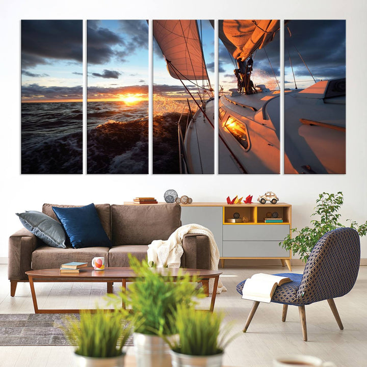 The modern living room is adorned with the Ocean Sunset Sailboat Wall Art, a triptych crafted on museum-quality canvas featuring UV-protective coating for lasting vibrancy.