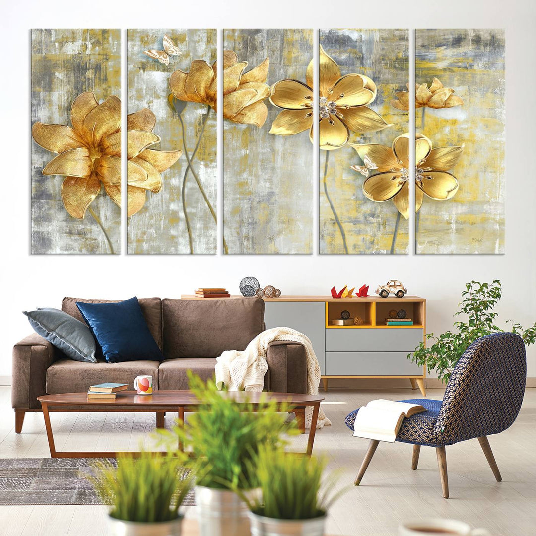 Golden Flowers Wall Art Canvas Print