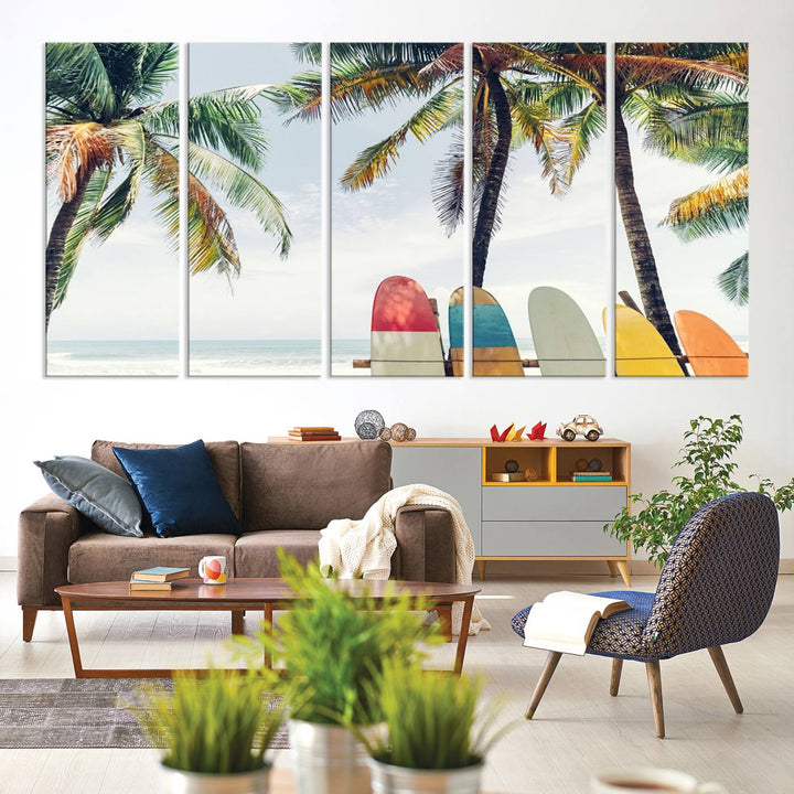 The room showcases The Palm and Surfing Board Wall Art Canvas Print, a triptych of palm trees and surfboards by the beach, elegantly gallery wrapped for a sophisticated finish.