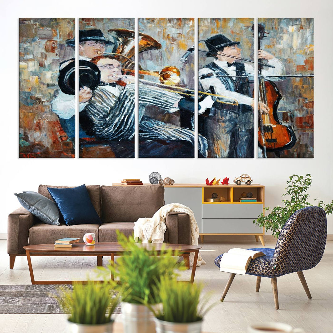 The Good Old Days Musicians Wall Art Canvas Print graces the wall, merging art with elegance. This museum-quality canvas comes with a UV-protective coating and is ready to hang.