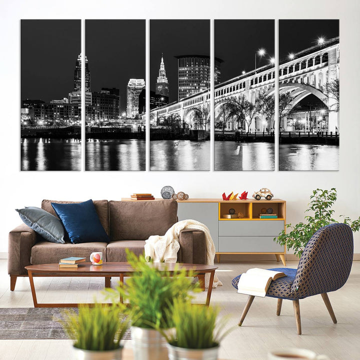 Enhance your space with the Cleveland Night Skyline Wall Art City Cityscape Canvas Print, a museum-quality black and white triptych. This ready-to-hang masterpiece is designed to elevate any room's aesthetic.