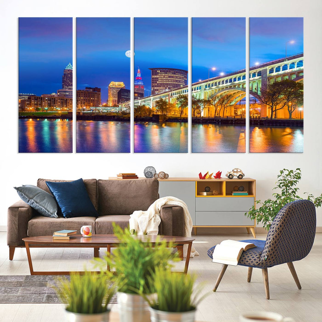 The Cleveland Night Skyline Wall Art City Cityscape Canvas Print portrays a city skyline and bridge lit up against the night sky. This artwork is printed on museum-quality canvas with a gallery-wrapped finish and features a UV-protective coating to ensure lasting vibrancy.