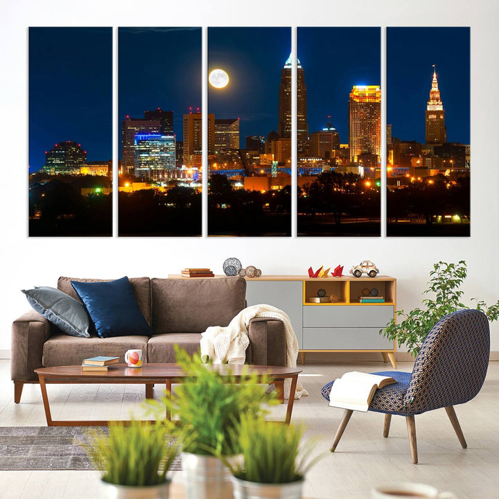 The "Cleveland Night Skyline Wall Art City Cityscape Canvas Print" adds elegance to the room with its depiction of a city skyline and full moon on museum-quality canvas. The artwork is enhanced by a UV-protective coating to ensure lasting brilliance.