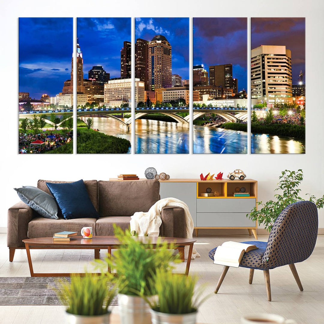 The Columbus City Lights Night Bright Blue Cloudy Skyline Cityscape View Wall Art Canvas Print, crafted on museum-quality canvas and finished with a UV-protective coating, adorns the wall.