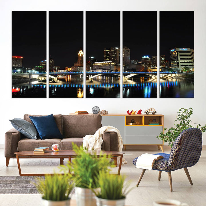 The "Columbus City Lights Night Skyline Cityscape View Wall Art Canvas Print" elegantly decorates the area, presented on museum-quality canvases that feature UV-protective coating to maintain their vibrant appearance.