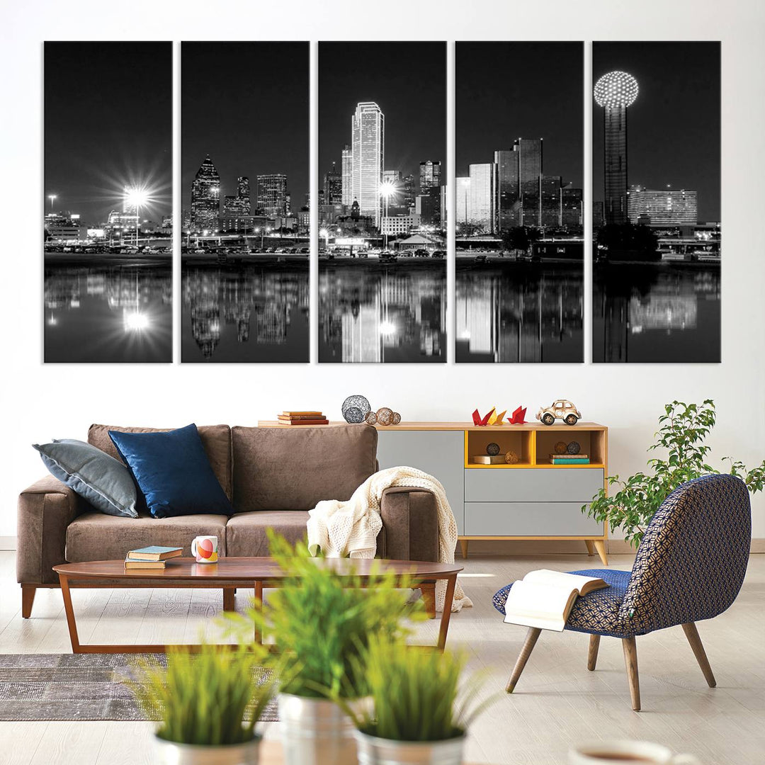 The living room showcases the Dallas City Lights Skyline Black and White Wall Art Cityscape Canvas Print. This museum-quality artwork is ready to hang and features a UV-protective coating to maintain its vibrant colors.