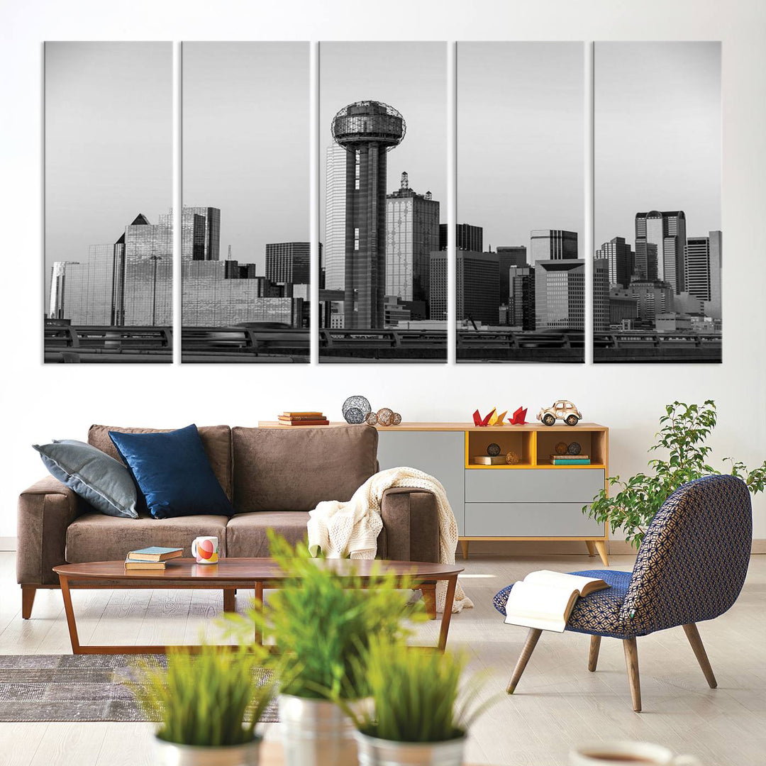 The Dallas City Lights Skyline Black and White Wall Art is elegantly displayed on museum-quality canvas.