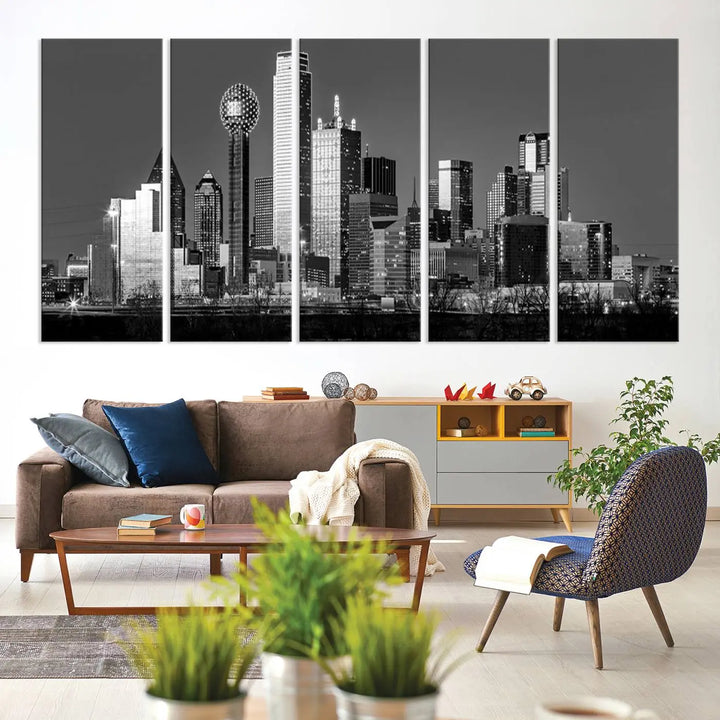 A black and white triptych of the Dallas city skyline is displayed, crafted on museum-quality canvas. This wall art piece is ready to hang, with each component adorned with a UV-protective coating to maintain its captivating appeal.