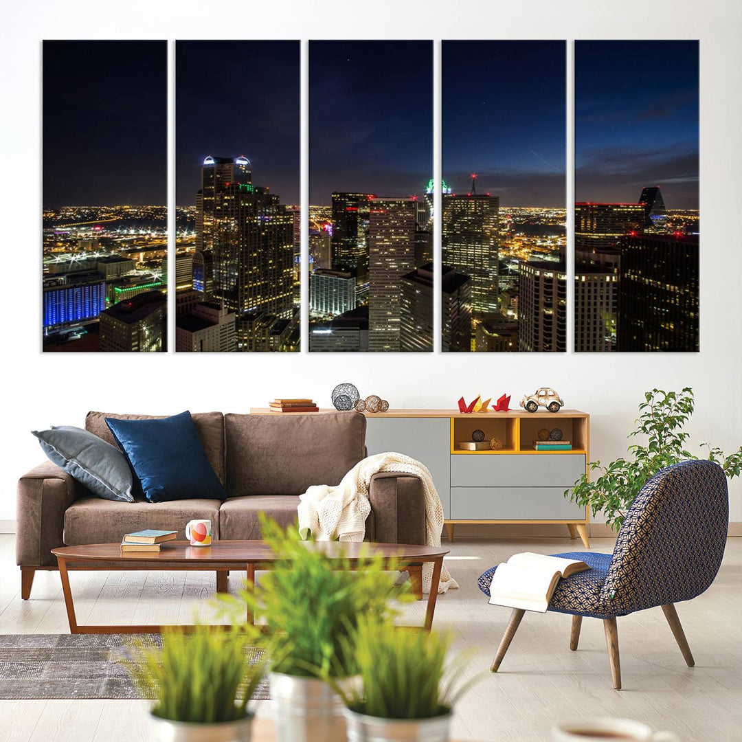 A living room showcasing a Dallas City Lights Night Skyline Cityscape View Wall Art Canvas Print, a three-panel artwork on museum-quality canvas with vibrant colors and durability.