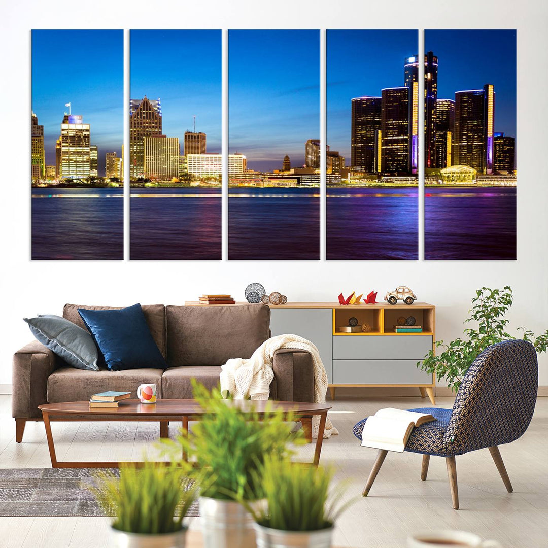 The living room features a breathtaking canvas print titled "Detroit City Lights Night Bright Blue Skyline Cityscape View," presented in a stunning triptych format on museum-quality canvases that are ready to hang.