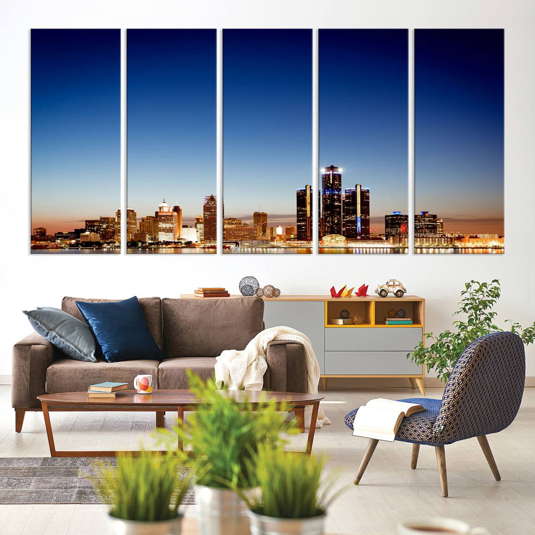 The Detroit City Lights Sunrise Skyline Cityscape View Wall Art Canvas Print adorns the modern living room. Crafted on museum-quality canvas with a UV-protective coating, this piece is ready to hang and elegantly elevates your décor.