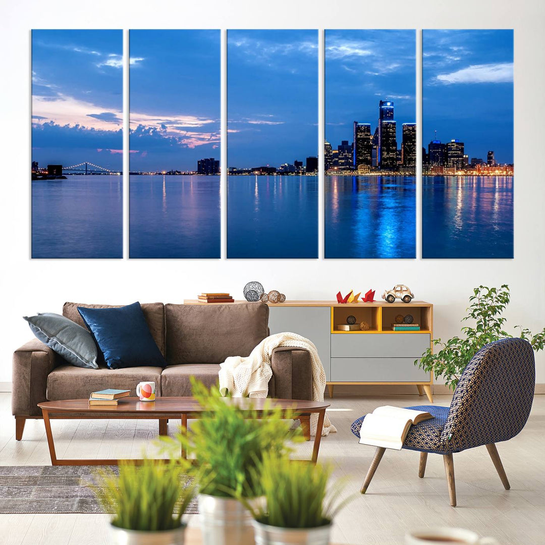 The "Detroit City Lights Night Blue Cloudy Skyline Cityscape View" wall art, displayed on museum-quality canvases, is split into three gallery-wrapped panels.