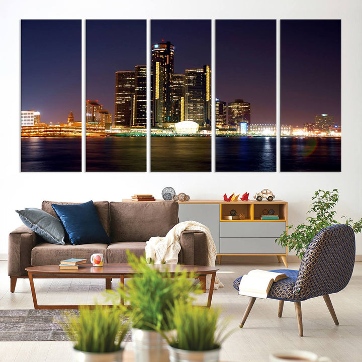 The Detroit City Lights Night Skyline Cityscape View Wall Art Canvas Print, elegantly split into three panels, is made from museum-quality pollycotton and gallery wrapped for a sophisticated touch. It is available with free shipping to effortlessly elevate your space.