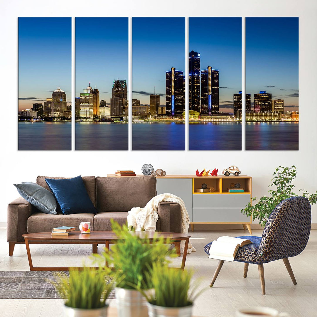 Detroit City Lights Sunrise Skyline Cityscape View Wall Art Impression sur toile