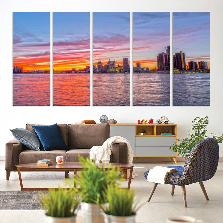 The Detroit City Lights Sunset Colorful Cloudy Skyline Cityscape View Wall Art Canvas Print showcases a vibrant city skyline at sunset over water. The artwork is museum-quality, comes ready to hang, and features a UV-protective coating to preserve its vivid colors.